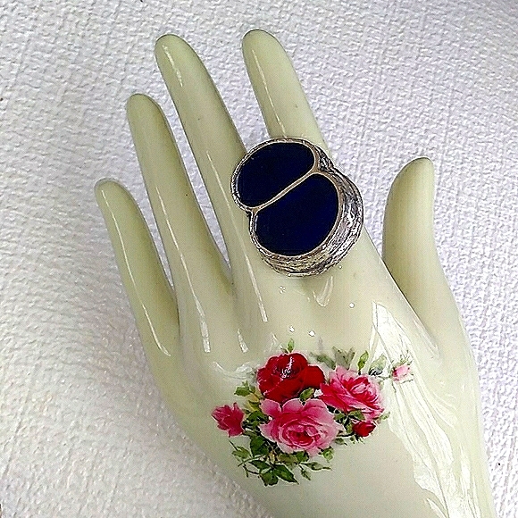 RARE HATTIE CARNEGIE Abstract Blue Inlay Adj. Ring - Picture 2 of 16
